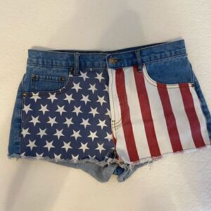 Red white blue flag blue jean shorts